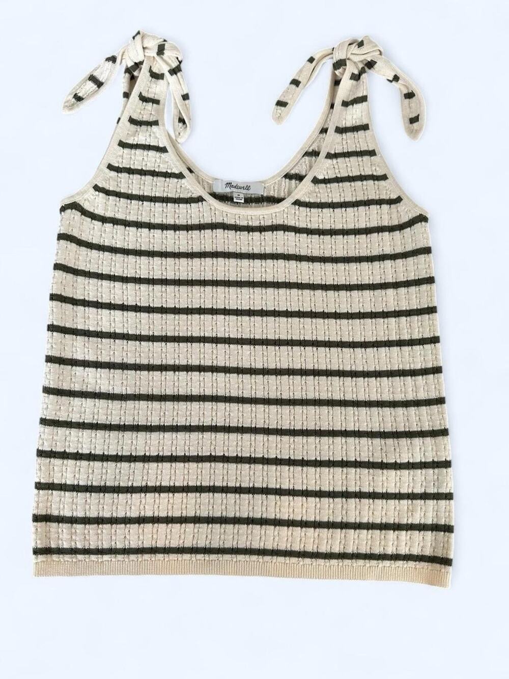 Madewell Knit Striped Tie-Shoulder Tank Top Medium Cream Olive Green Summer